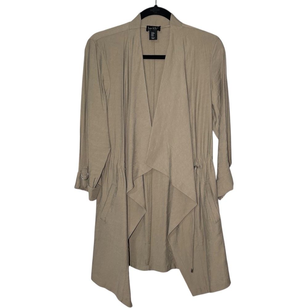 Nicole Miller Tan Trench Coat Cardigan with Draped Front Waterfall Collar